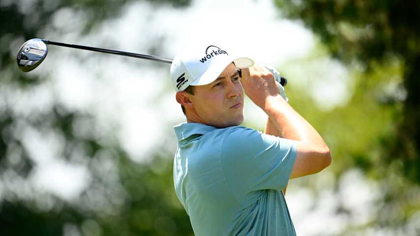 Matt Fitzpatrick of England plays his shot from the seventh tee during the final round of the Travelers Championship 2025 at TPC River Highlands on June 22, 2025 in Cromwell, Connecticut. (Alex Goodlett/Getty Images)