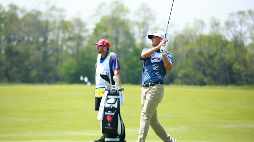 Max McGreevy of the United States plays a shot on the 18th hole during the third round of the RBC Canadian Open 2025 at TPC Toronto at Osprey Valley on June 07, 2025 in Caledon, Ontario. (Vaughn Ridley/Getty Images)