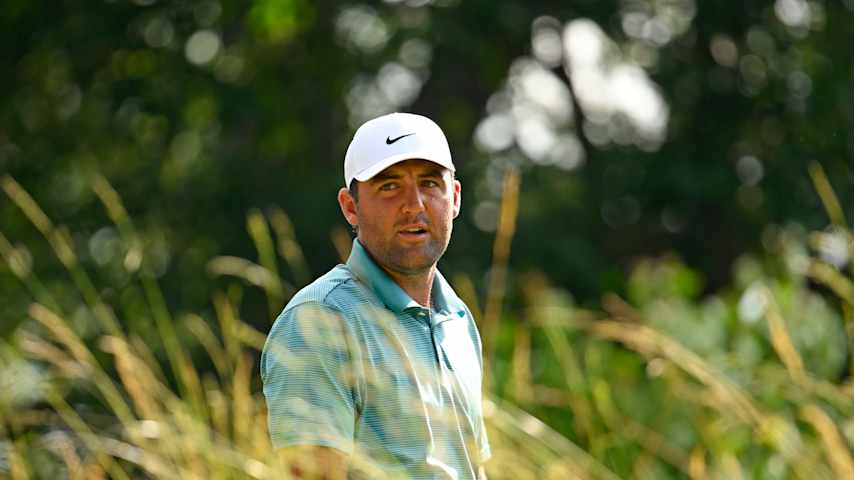 Scottie Scheffler of the United States watches his shot from the 17th tee during the final round of the Travelers Championship 2025 at TPC River Highlands on June 22, 2025 in Cromwell, Connecticut. (Alex Goodlett/Getty Images)