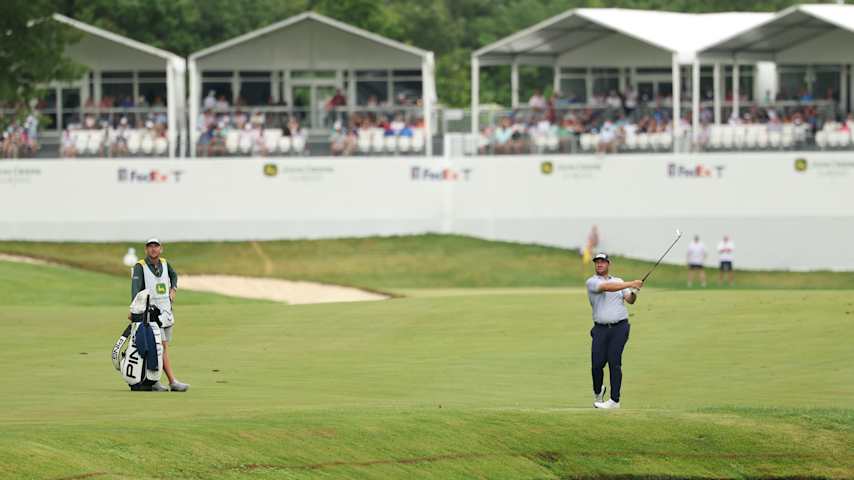 Thriston Lawrence of South Africa plays a shot on the 18th hole during the final round of the John Deere Classic 2025 at TPC Deere Run on July 06, 2025 in Silvis, Illinois. (David Berding/Getty Images)