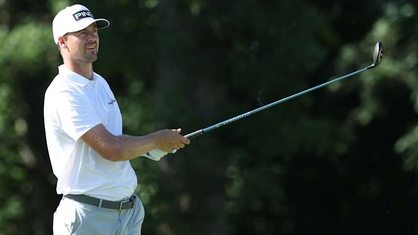 Victor Perez of France plays his shot from the 13th tee during the first round of the John Deere Classic 2025 at TPC Deere Run on July 03, 2025 in Silvis, Illinois. (David Berding/Getty Images)