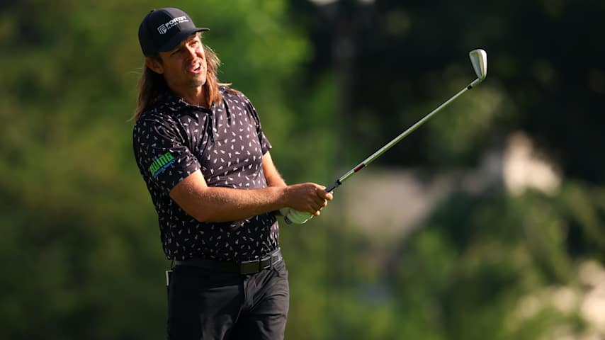 Aaron Baddeley of Australia plays his shot from the ninth tee during the first round of the Rocket Classic 2025 at Detroit Golf Club on June 26, 2025 in Detroit, Michigan. (Gregory Shamus/Getty Images)