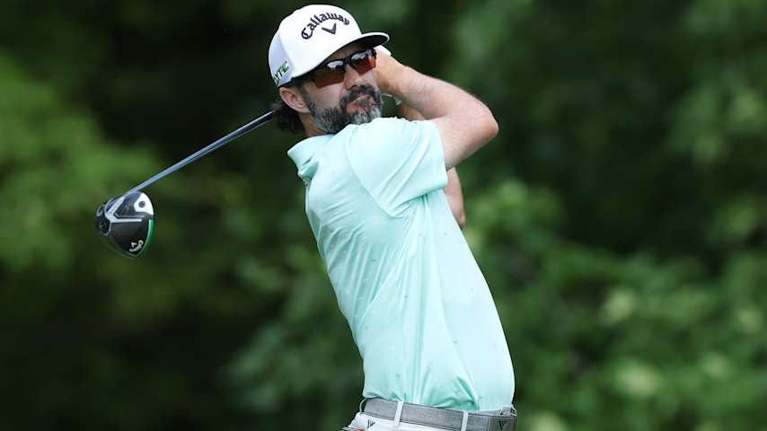 Adam Hadwin of Canada plays his shot from the second tee during the first round of the John Deere Classic 2025 at TPC Deere Run on July 03, 2025 in Silvis, Illinois. (Andy Lyons/Getty Images)