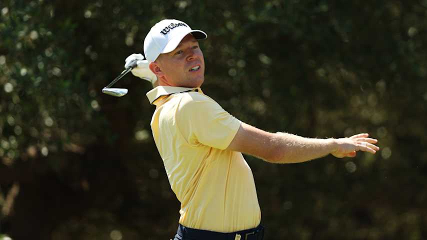 Alexander Knappe of Germany reacts after teeing off on the eighth hole on day one of the Italian Open 2025 at Argentario Golf & Wellness Resort on June 26, 2025 in Porto Ercole, Italy. (Luke Walker/Getty Images)