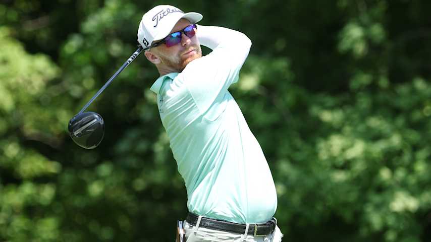 Anders Albertson of the United States plays his shot from the second tee during the second round of the John Deere Classic 2025 at TPC Deere Run on July 04, 2025 in Silvis, Illinois. (David Berding/Getty Images)