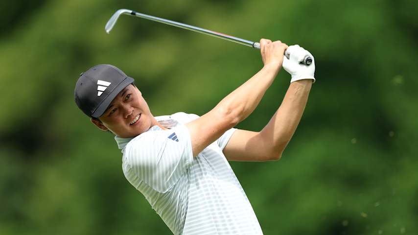 Brandon Wu of the United States tees off on the 14th hole on day four of the Austrian Alpine Open presented by SalzburgerLand 2025 at Golfclub Gut Altentann on June 01, 2025 in Henndorf am Wallersee, Austria. (Luke Walker/Getty Images)