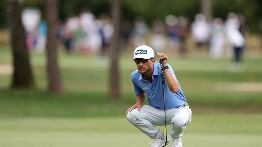 Davis Bryant of the United States lines up a putt on the second green on day four of the BMW International Open 2025 at Golfclub Munchen Eichenried on July 06, 2025 in Munich, Germany. (Richard Heathcote/Getty Images)