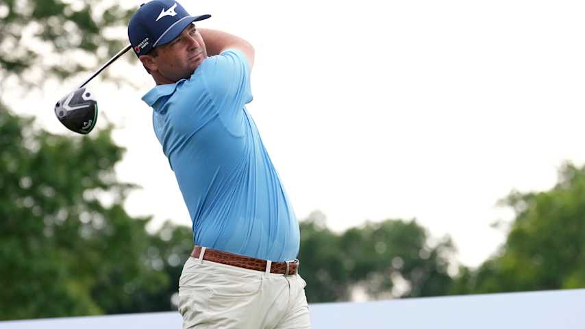 Greyson Sigg of the United States plays his shot from the 18th tee during the first round of the Rocket Classic 2025 at Detroit Golf Club on June 26, 2025 in Detroit, Michigan. (Raj Mehta/Getty Images)