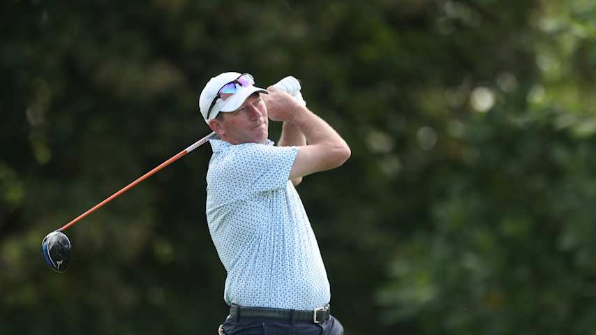 Jim Herman of the United States plays his shot from the 13th tee during the first round of the Corales Puntacana Championship at Puntacana Resort & Club, Corales Golf Course on April 18, 2024 in Punta Cana, Dominican Republic. (Bryan M. Bennett/Getty Images)