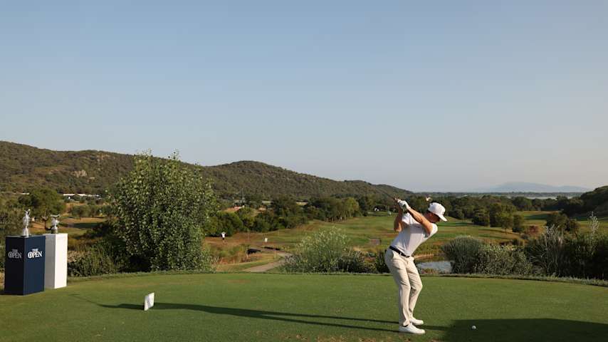 Joel Girrbach of Switzerland tees off on the first hole on day two of the Italian Open 2025 at Argentario Golf & Wellness Resort on June 27, 2025 in Porto Ercole, Italy. (Luke Walker/Getty Images)