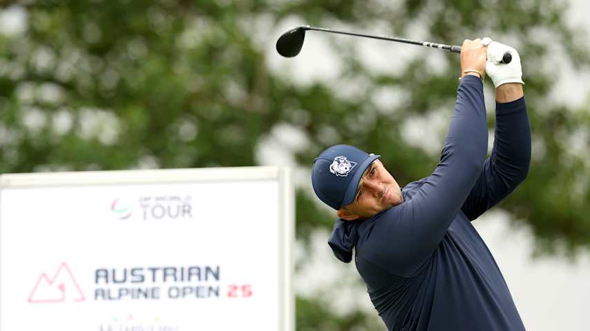 Marcus Armitage of England tees off on the eighth hole on day one of the Austrian Alpine Open presented by SalzburgerLand 2025 at Golfclub Gut Altentann on May 29, 2025 in Henndorf am Wallersee, Austria. (Luke Walker/Getty Images)