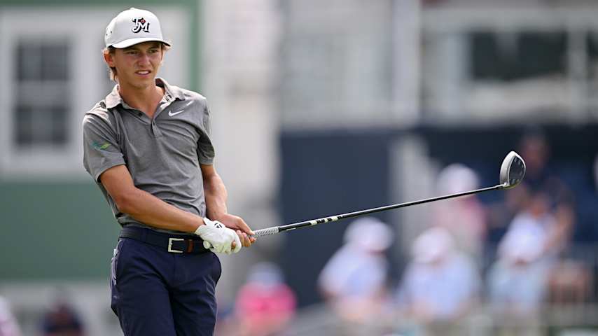 Miles Russell of the United States plays his shot from the 10th tee during a practice round prior to the 125th U.S. OPEN at Oakmont Country Club on June 09, 2025 in Oakmont, Pennsylvania. (Ross Kinnaird/Getty Images)