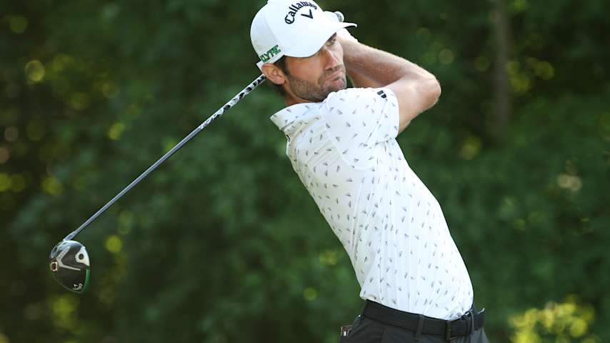 Noah Goodwin of the United States plays his shot from the second tee during the second round of the John Deere Classic 2025 at TPC Deere Run on July 04, 2025 in Silvis, Illinois. (David Berding/Getty Images)