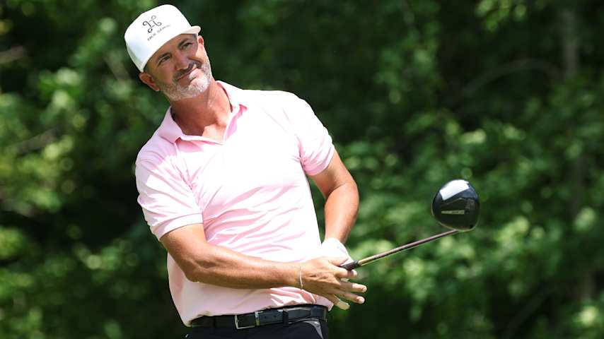 Scott Piercy of the United States plays his shot from the second tee during the second round of the John Deere Classic 2025 at TPC Deere Run on July 04, 2025 in Silvis, Illinois. (David Berding/Getty Images)