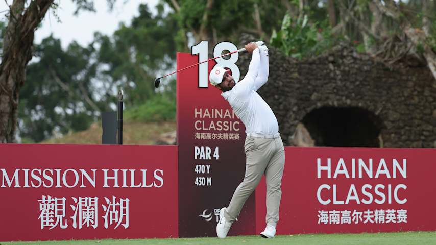 Shubhankar Sharma of India tee off on 18th hole prior to the Hainan Classic 2025 at Mission Hills' Blackstone Course on April 23, 2025 in Hainan Island, China. (Lintao Zhang/Getty Images)
