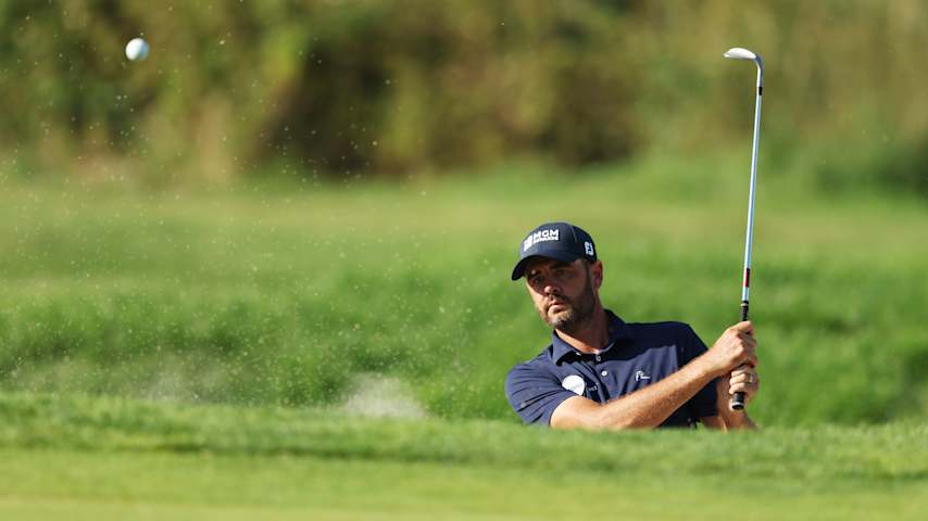 Troy Merritt of the United States plays a bunker shot on the ninth hole on day two of the Italian Open 2025 at Argentario Golf & Wellness Resort on June 27, 2025 in Porto Ercole, Italy. (Luke Walker/Getty Images)