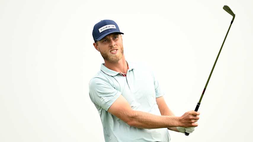 Adam Svensson of Canada plays his shot from the tenth tee during the first round of the RBC Canadian Open 2025 at TPC Toronto at Osprey Valley on June 05, 2025 in Caledon, Ontario. (Minas Panagiotakis/Getty Images)
