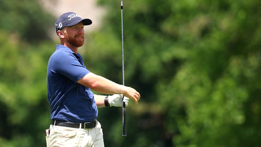 Anders Albertson of the United States plays his shot from the ninth tee during the second round of the Rocket Classic 2025 at Detroit Golf Club on June 27, 2025 in Detroit, Michigan. (Gregory Shamus/Getty Images)