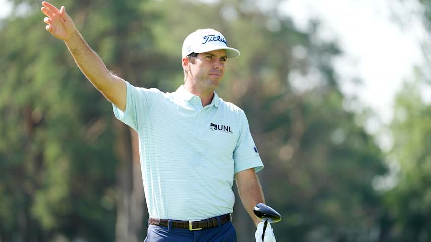 Ben Martin of the United States reacts after playing his shot from the 17th tee during the first round of the Rocket Classic 2025 at Detroit Golf Club on June 26, 2025 in Detroit, Michigan. (Raj Mehta/Getty Images)