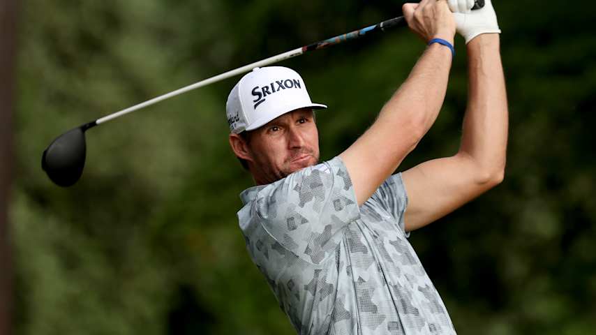 Brandon Matthews plays his tee shot on the 12th hole during the first round of the UNC Health Championship presented by STITCH 2025 at Raleigh Country Club on May 29, 2025 in Raleigh, North Carolina. (Grant Halverson/Getty Images)