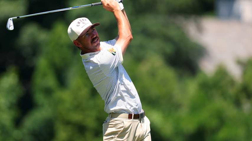 Chandler Phillips of the United States plays his shot from the ninth tee during the final round of the Rocket Classic 2025 at Detroit Golf Club on June 29, 2025 in Detroit, Michigan. (Gregory Shamus/Getty Images)