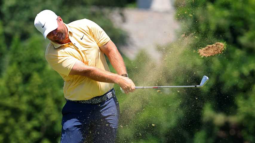 Chris Gotterup of the United States plays his shot from the ninth tee during the final round of the Rocket Classic 2025 at Detroit Golf Club on June 29, 2025 in Detroit, Michigan. (Gregory Shamus/Getty Images)