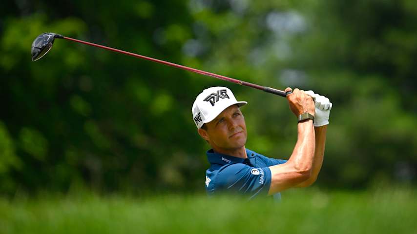 Eric Cole of the United States plays his shot from the first tee during the third round of the Travelers Championship 2025 at TPC River Highlands on June 21, 2025 in Cromwell, Connecticut. (Alex Goodlett/Getty Images)