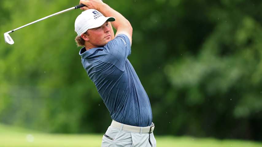 Frankie Capan III of the United States plays his shot from the ninth tee during the first round of the Rocket Classic 2025 at Detroit Golf Club on June 26, 2025 in Detroit, Michigan. (Gregory Shamus/Getty Images)