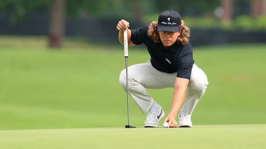 Garrick Higgo of South Africa lines up a putt on the eighth green during the second round of the Rocket Classic 2025 at Detroit Golf Club on June 27, 2025 in Detroit, Michigan. (Gregory Shamus/Getty Images)