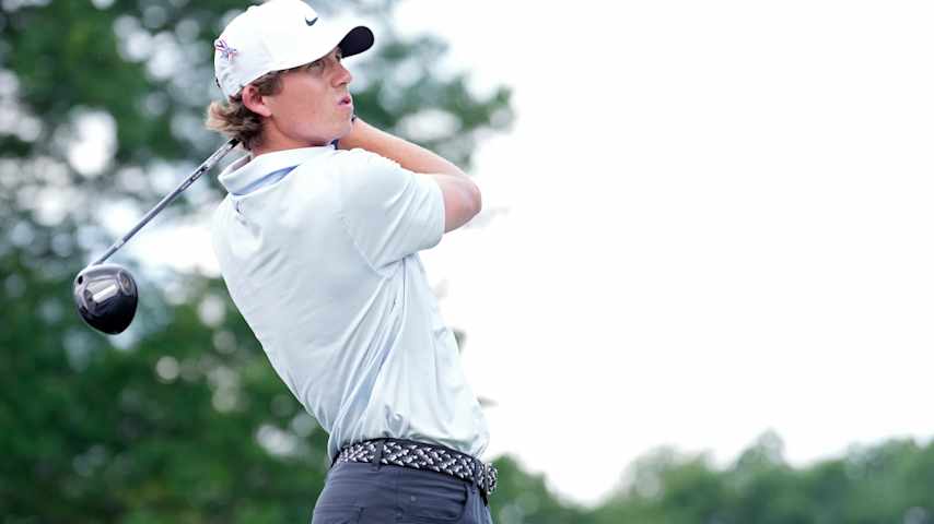 Gordon Sargent of the United States plays his shot from the 18th tee during the second round of the Rocket Classic 2025 at Detroit Golf Club on June 27, 2025 in Detroit, Michigan. (Raj Mehta/Getty Images)