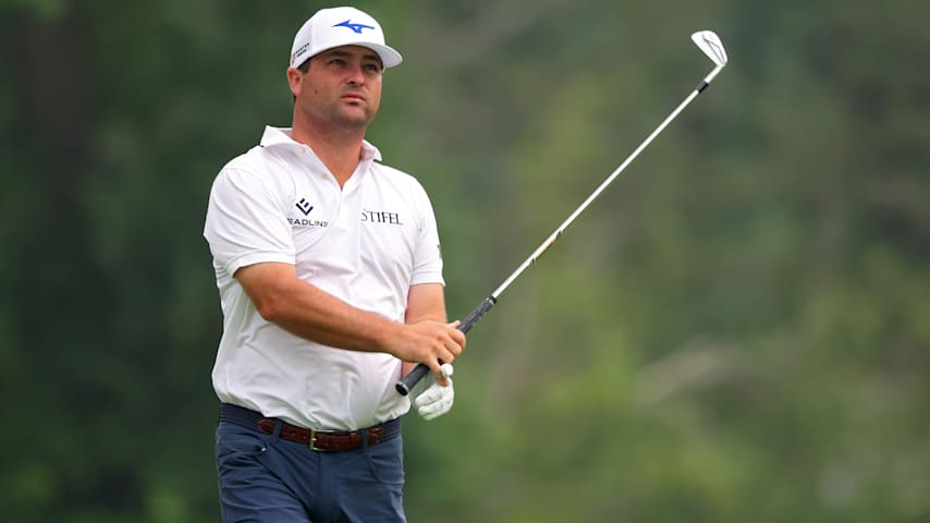 Greyson Sigg of the United States plays his shot from the ninth tee during the second round of the Rocket Classic 2025 at Detroit Golf Club on June 27, 2025 in Detroit, Michigan. (Gregory Shamus/Getty Images)