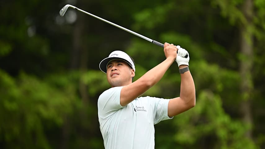 Isaiah Salinda of the United States plays his shot from the 11th tee during the first round of the RBC Canadian Open 2025 at TPC Toronto at Osprey Valley on June 05, 2025 in Caledon, Ontario. (Minas Panagiotakis/Getty Images)