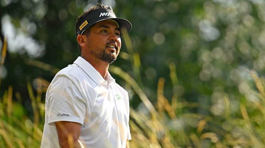 Jason Day of Australia reacts to his shot from the 17th tee during the final round of the Travelers Championship 2025 at TPC River Highlands on June 22, 2025 in Cromwell, Connecticut. (Alex Goodlett/Getty Images)