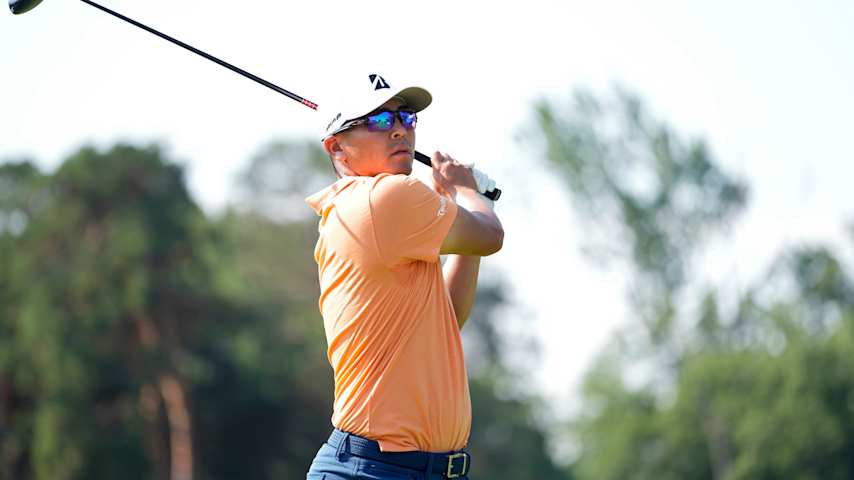 Kurt Kitayama of the United States plays his shot from the 17th tee during the first round of the Rocket Classic 2025 at Detroit Golf Club on June 26, 2025 in Detroit, Michigan. (Raj Mehta/Getty Images)