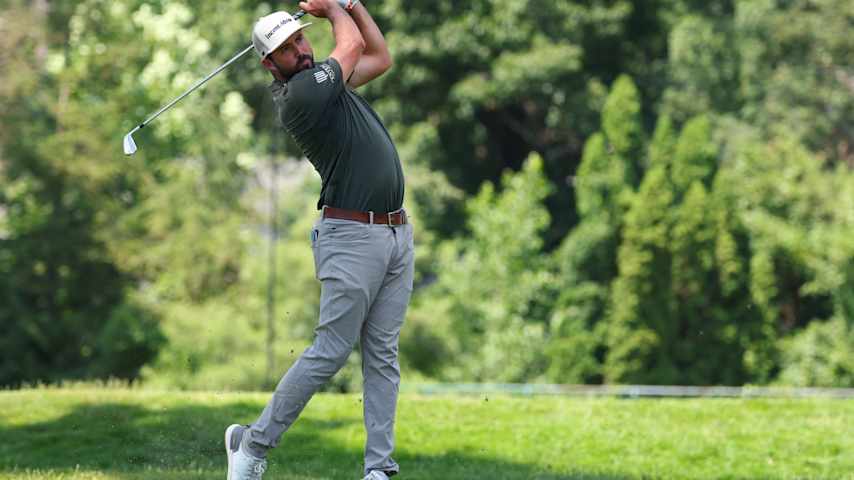 Mark Hubbard of the United States plays his shot from the ninth tee during the final round of the Rocket Classic 2025 at Detroit Golf Club on June 29, 2025 in Detroit, Michigan. (Gregory Shamus/Getty Images)