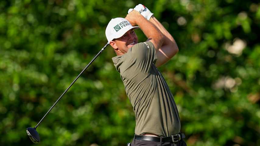 Taylor Montgomery of the United States plays a shot from the 13th tee during the second round of the Memorial Health Championship presented by LRS 2025 at Panther Creek Country Club on June 27, 2025 in Springfield, Illinois. (Dylan Buell/Getty Images)