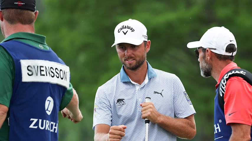 AVONDALE, LOUISIANA - APRIL 26: Adam Svensson of Canada reacts to a birdie on the 15th green on day three of the Zurich Classic of New Orleans on April 26, 2025 in Avondale, Louisiana. (Photo by Chris Graythen/Getty Images)
