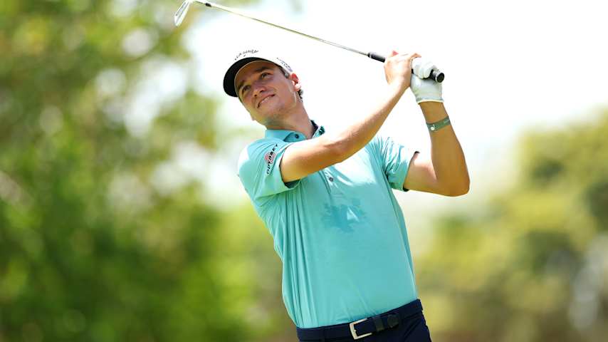 TULUM, MEXICO - MAY 04: Adrien Dumont de Chassart of Belgium plays his shot from the second tee during the final round of the 2025 Tulum Championship at PGA Riviera Maya on May 04, 2025 in Tulum, Mexico. (Photo by Luke Hales/Getty Images)