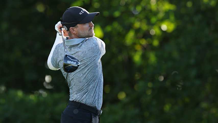 PUNTA CANA, DOMINICAN REPUBLIC - APRIL 18: Austin Cook of the United States plays his shot from the 13th tee during the second round of the Corales Puntacana Championship 2025 at Puntacana Resort & Club, Corales Golf Course on April 18, 2025 in Punta Cana, Dominican Republic. (Photo by Andy Lyons/Getty Images)