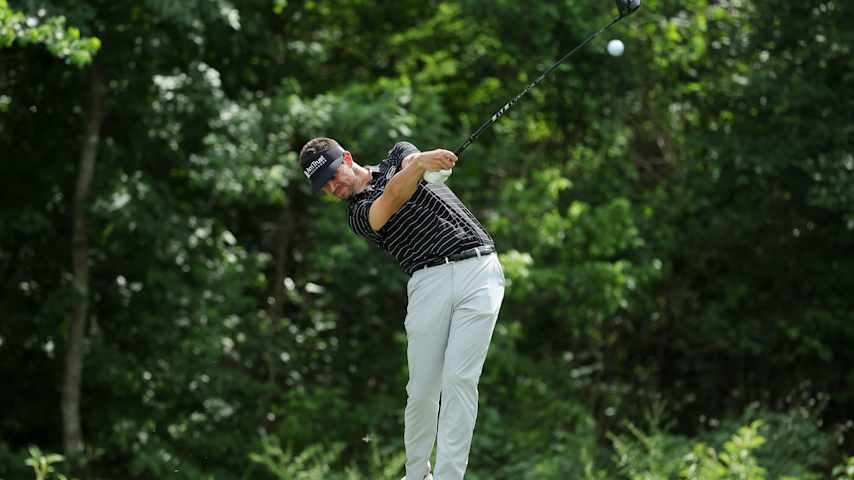 MCKINNEY, TEXAS - MAY 02: Beau Hossler of the United States reacts after making birdie on the ninth green during the second round of THE CJ CUP Byron Nelson 2025 at TPC Craig Ranch on May 02, 2025 in McKinney, Texas. (Photo by Stacy Revere/Getty Images)