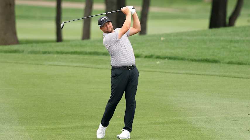 MCKINNEY, TEXAS - MAY 01: Brice Garnett of the United States plays his shot on the 13th hole during the first round of THE CJ CUP Byron Nelson 2025 at TPC Craig Ranch on May 01, 2025 in McKinney, Texas. (Photo by Stacy Revere/Getty Images)