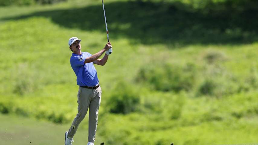 PUNTA CANA, DOMINICAN REPUBLIC - APRIL 17: Carson Young of the United States plays a shot on the 12th hole during the first round of the Corales Puntacana Championship 2025 at Puntacana Resort & Club, Corales Golf Course on April 17, 2025 in Punta Cana, Dominican Republic. (Photo by Bryan M. Bennett/Getty Images)