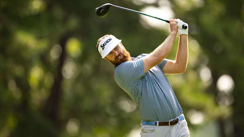 JACKSON, NEW JERSEY - AUGUST 15: Evan Harmeling of the United States plays his shot from the sixth hole during the first round of the Magnit Championship presented by Woodhouse at Metedeconk National Golf Club on August 15, 2024 in Jackson, New Jersey. (Photo by Brennan Asplen/Getty Images)