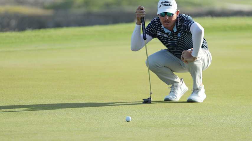 PUNTA CANA, DOMINICAN REPUBLIC - APRIL 20: Joel Dahmen of the United States lines up a putt on the 18th green during the final round of the Corales Puntacana Championship 2025 at Puntacana Resort & Club, Corales Golf Course on April 20, 2025 in Punta Cana, Dominican Republic. (Photo by Bryan M. Bennett/Getty Images)