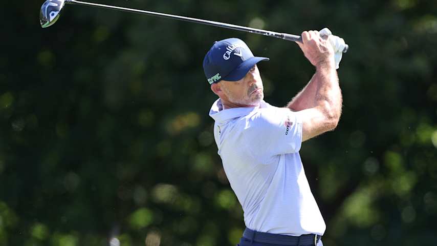 PUNTA CANA, DOMINICAN REPUBLIC - APRIL 17: Jonathan Byrd of the United States plays his shot from the 13th tee during the first round of the Corales Puntacana Championship 2025 at Puntacana Resort & Club, Corales Golf Course on April 17, 2025 in Punta Cana, Dominican Republic. (Photo by Bryan M. Bennett/Getty Images)