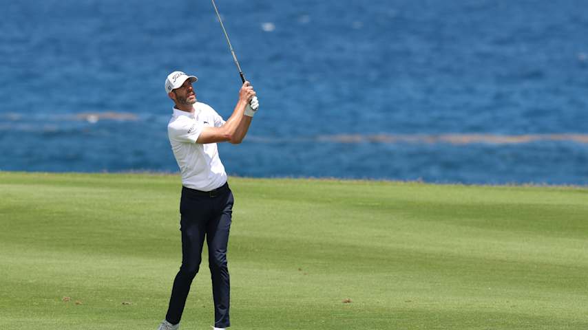 PUNTA CANA, DOMINICAN REPUBLIC - APRIL 18: Kevin Tway of the United States plays his second shot on the eighth hole during the second round of the Corales Puntacana Championship 2025 at Puntacana Resort & Club, Corales Golf Course on April 18, 2025 in Punta Cana, Dominican Republic. (Photo by Andy Lyons/Getty Images)