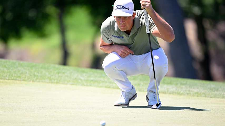 MCKINNEY, TEXAS - MAY 03: Niklas Norgaard of Denmark lines up a putt on the first green during the third round of THE CJ CUP Byron Nelson 2025 at TPC Craig Ranch on May 03, 2025 in McKinney, Texas. (Photo by Orlando Ramirez/Getty Images for the CJ Cup)