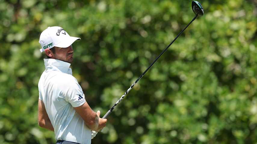 PUNTA CANA, DOMINICAN REPUBLIC - APRIL 17: Noah Goodwin of the United States plays his shot from the 13th tee during the first round of the Corales Puntacana Championship 2025 at Puntacana Resort & Club, Corales Golf Course on April 17, 2025 in Punta Cana, Dominican Republic. (Photo by Andy Lyons/Getty Images)