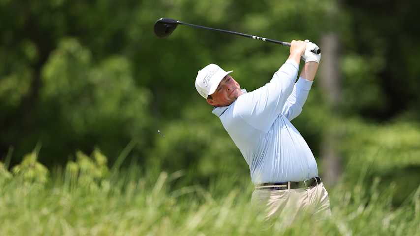 LOUISVILLE, KENTUCKY - MAY 16: Preston Cole of the United States, Corebridge Financial Team of PGA of America Golf Professionals, plays his shot from the fourth tee during the first round of the 2024 PGA Championship at Valhalla Golf Club on May 16, 2024 in Louisville, Kentucky. (Photo by Christian Petersen/Getty Images)