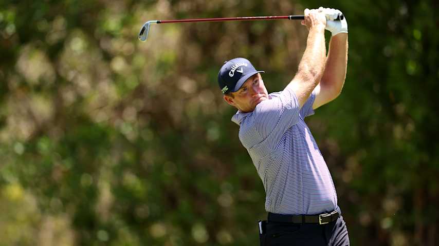 TULUM, MEXICO - MAY 02: Robby Shelton of the United States plays his shot from the third tee during the second round of the 2025 Tulum Championship at PGA Riviera Maya on May 02, 2025 in Tulum, Mexico. (Photo by Luke Hales/Getty Images)